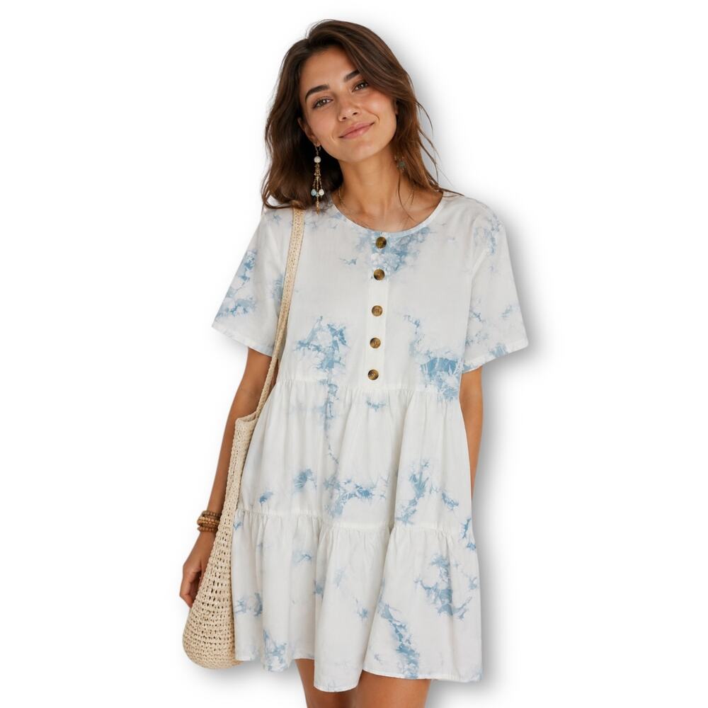 Madewell Tie Dye Button Front Short Sleeve Tiered Mini M Dusty Pool White Blue